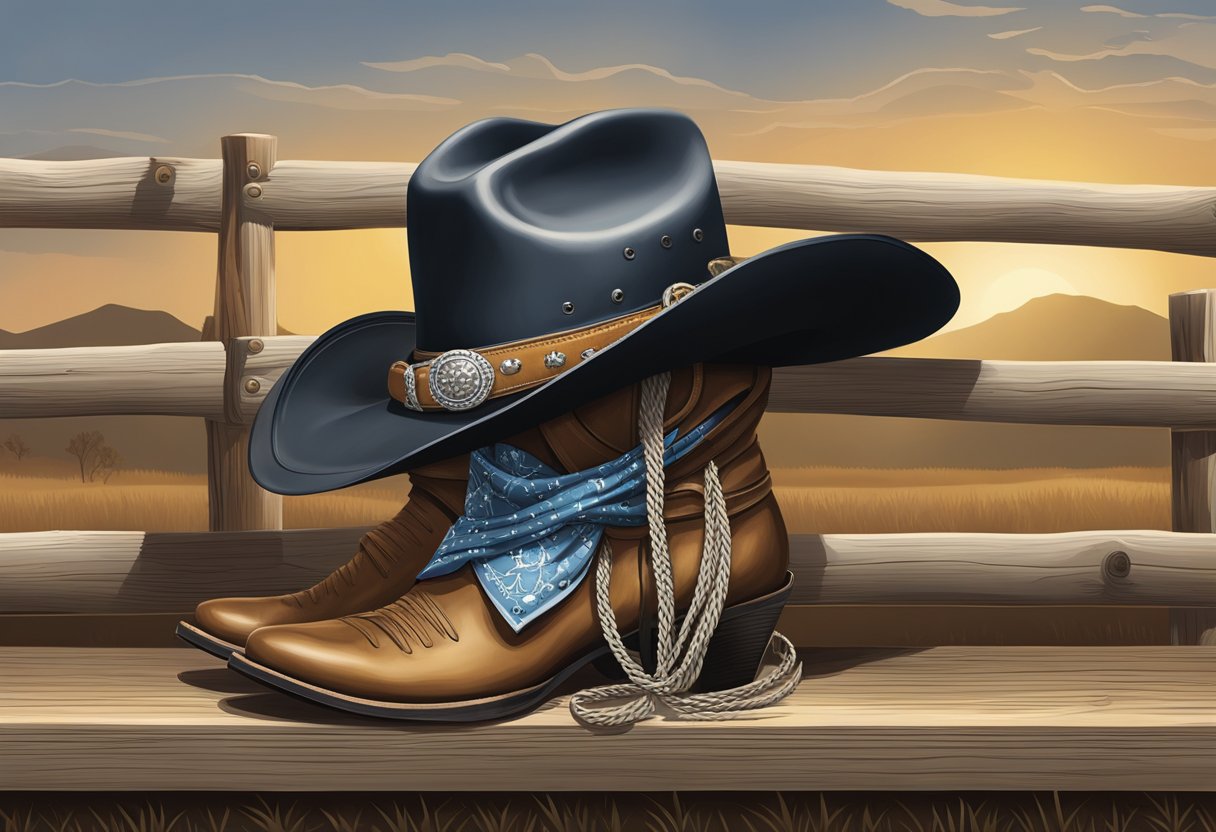 A cowgirl hat with a bandana tied around it, a pair of cowboy boots with spurs, and a lasso hanging from a fence post