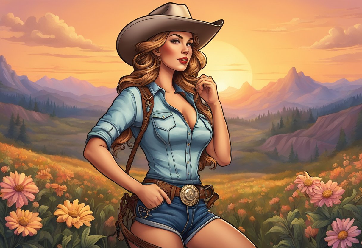 A pin-up cowgirl tattoo with a lasso and cowboy hat, surrounded by wildflowers and a sunset backdrop