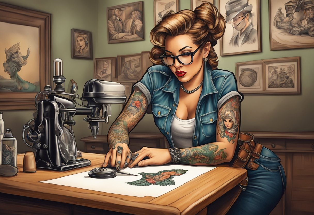 A pin up cowgirl tattoo being inked by a tattoo artist