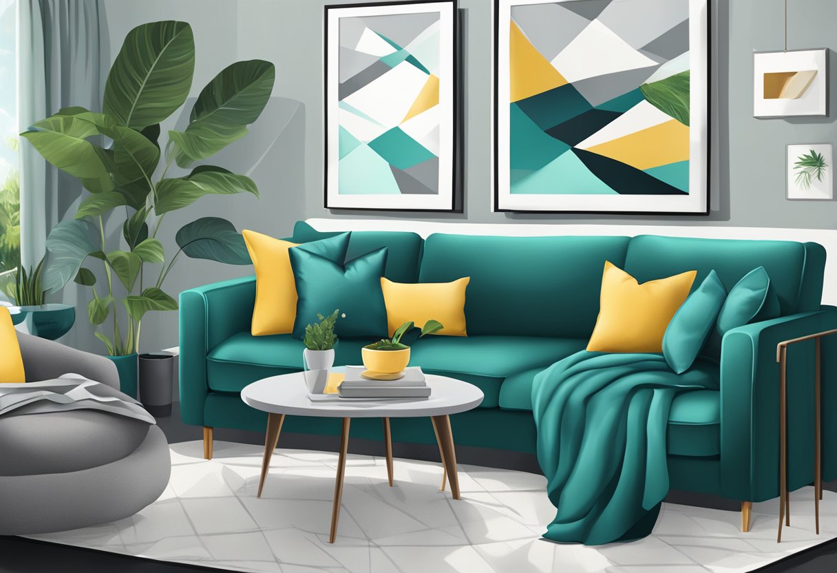 Three vibrant teal throw pillows on a dark grey couch