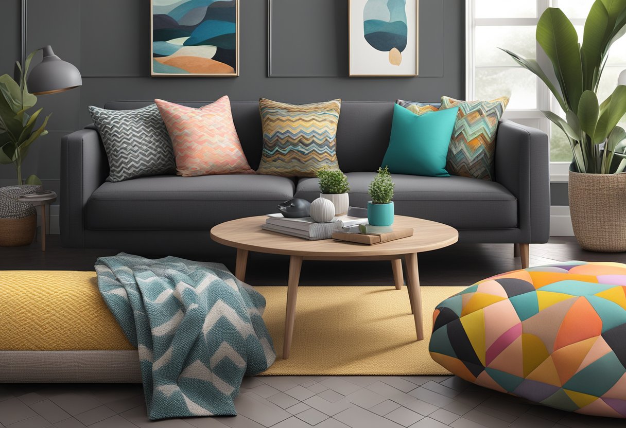 A dark grey couch with a selection of colorful throw pillows in various shades and patterns, creating a vibrant contrast