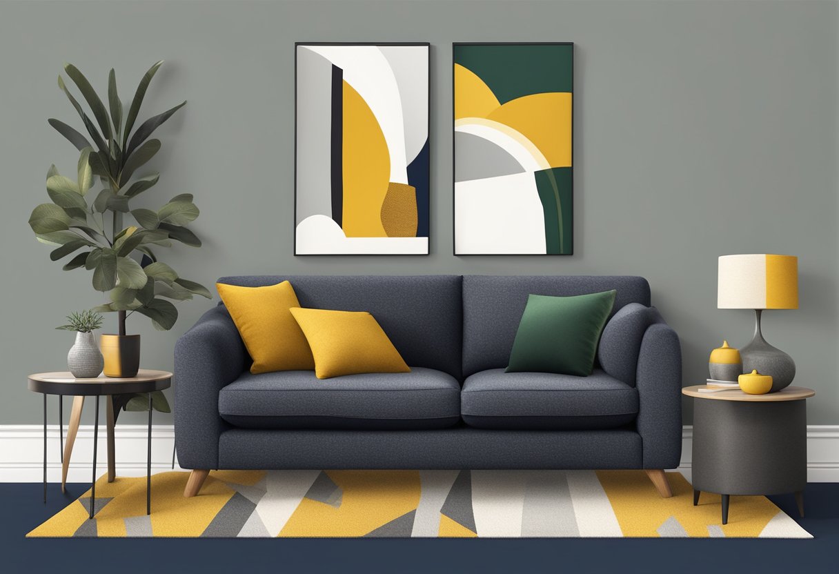 A dark grey couch with a mix of textured throw pillows in shades of mustard yellow, deep navy, and earthy green