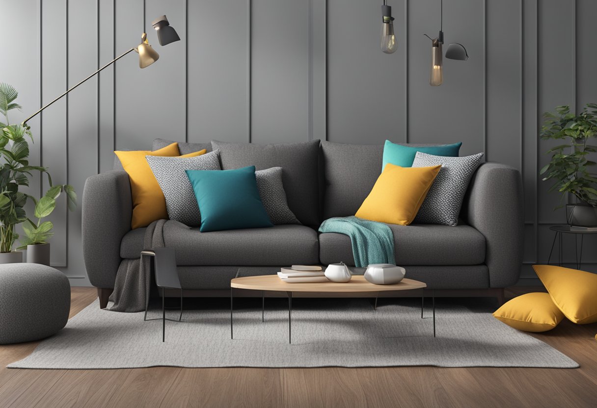 A dark grey couch with various colored throw pillows scattered on top