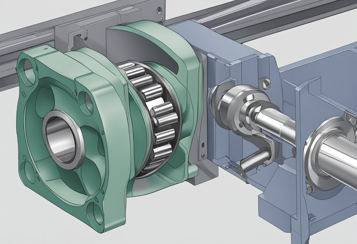 A pillow block bearing attached to a shaft on a piece of machinery. The bearing is secured within a housing and has a flange to support the shaft