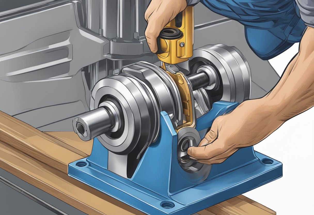 A mechanic mounts a pillow block bearing onto a shaft using a wrench and applies grease for lubrication