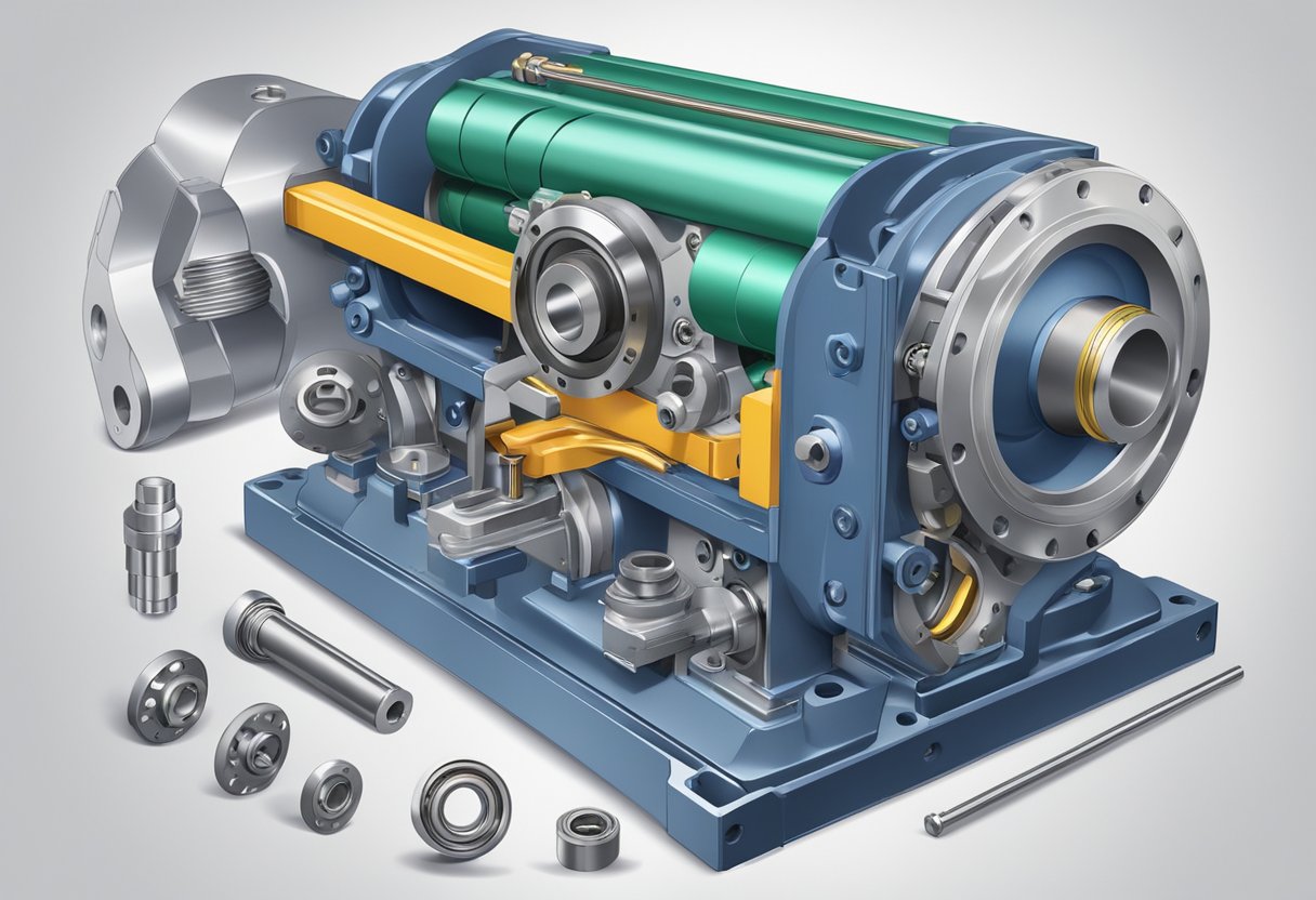 A pillow block with a mounted bearing and shaft, surrounded by mechanical parts and tools