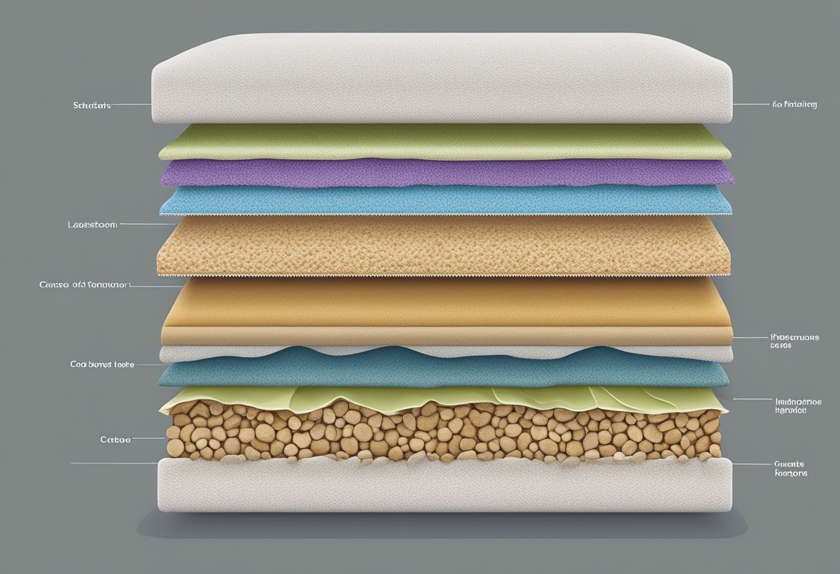 A cross-section of a pillow core, showing layers of different materials and textures