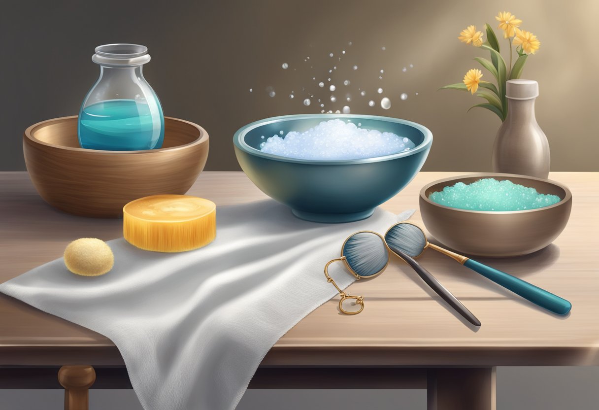 A table with a chain necklace, a small bowl of soapy water, a soft brush, and a clean cloth