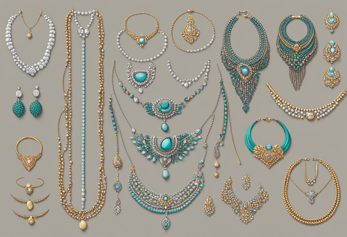 A woman's neckline with a variety of necklaces laid out on a table