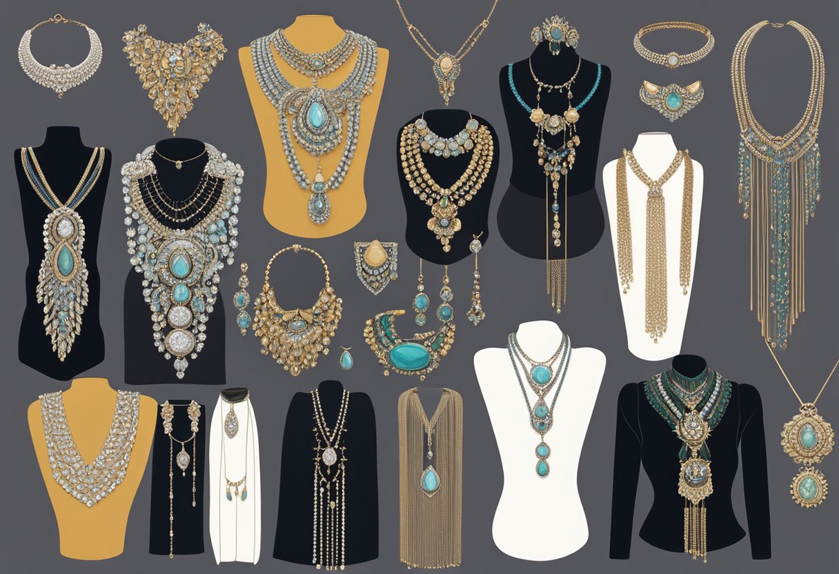 A collection of various necklaces displayed on a velvet backdrop, each paired with different necklines of clothing for reference