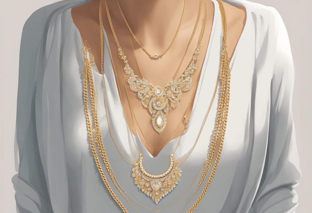 A woman's neckline adorned with a delicate gold chain necklace, complementing her outfit