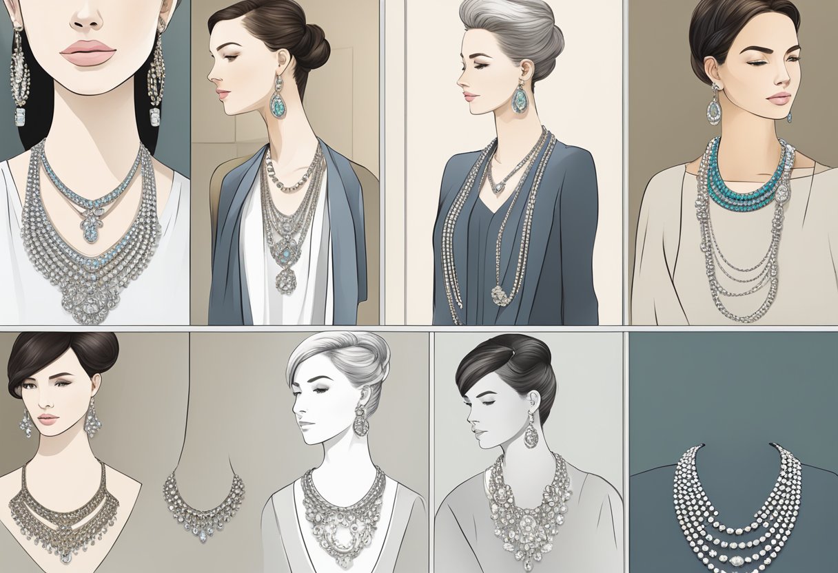 A woman's neckline with various necklace options displayed on a stand