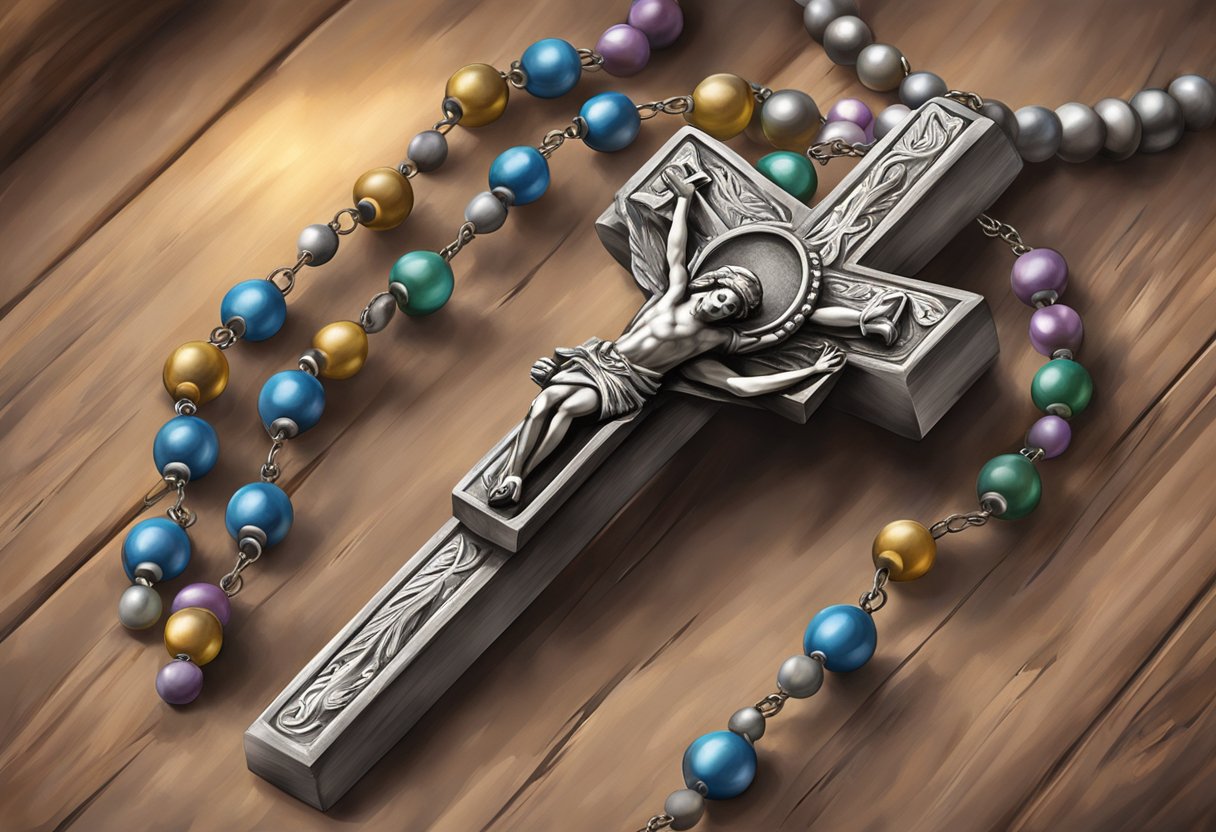 A rosary necklace draped over a wooden cross, with beads and a crucifix hanging from the chain