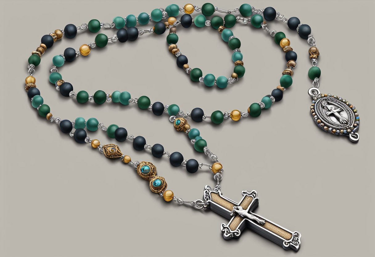 A rosary necklace hanging on a wooden cross with beads and a small crucifix pendant