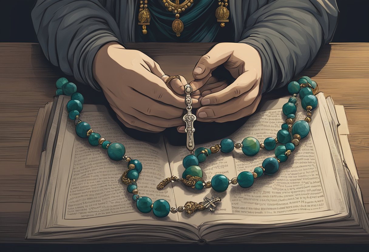 A person holding a rosary necklace while praying