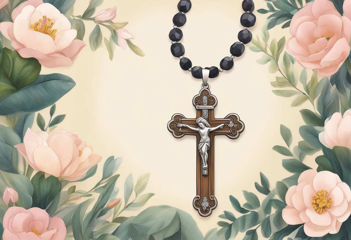 A rosary necklace hanging from a wooden display, surrounded by soft lighting and a gentle backdrop of floral patterns