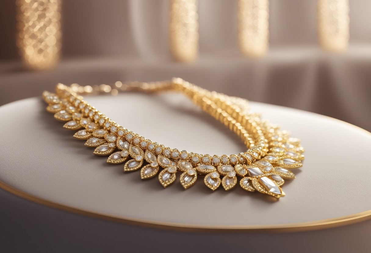 A gold necklace resting on a velvet display, glinting under soft lighting in a luxurious jewelry store