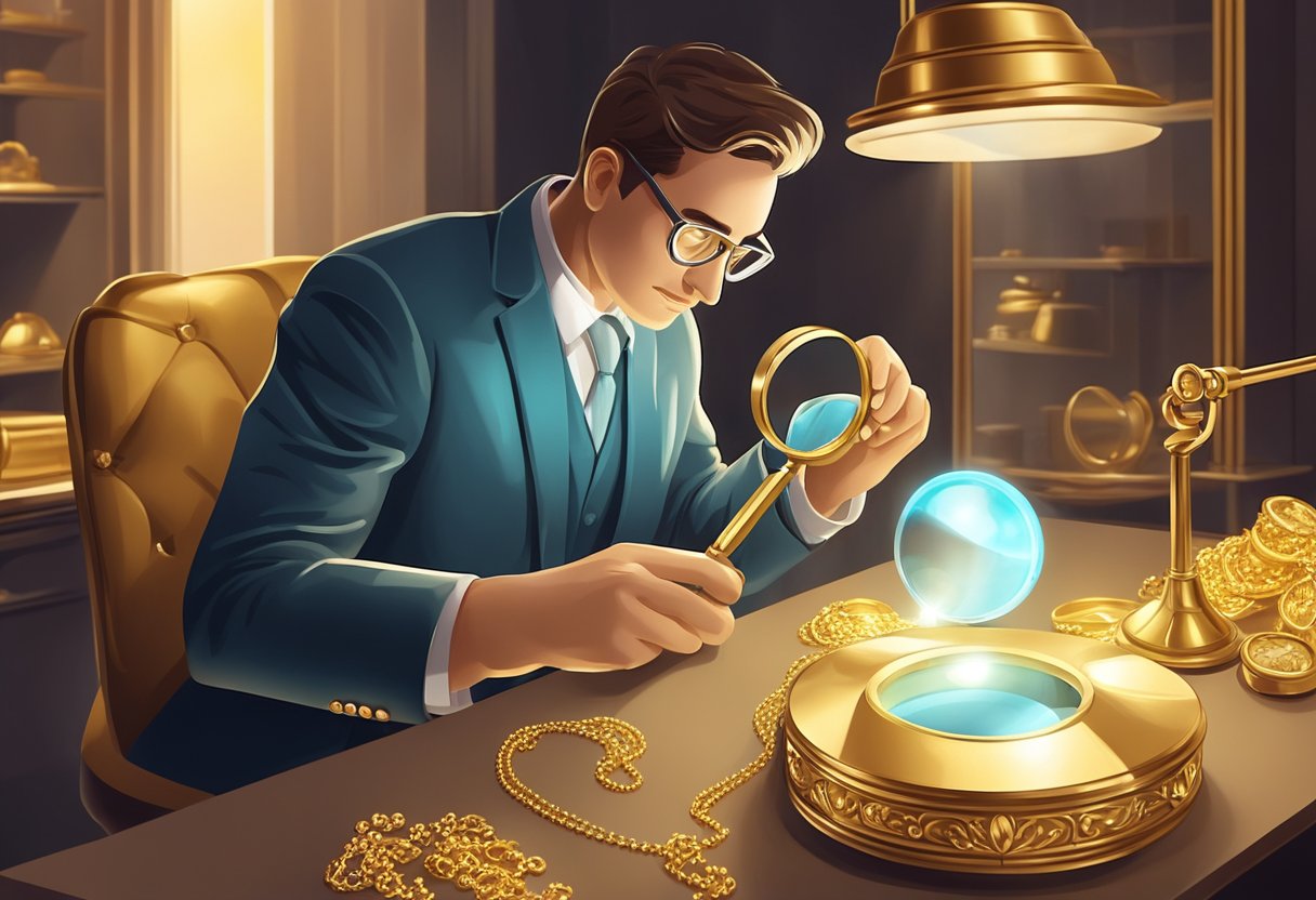 A jeweler examines a gold necklace under a bright light, using a magnifying glass to inspect its purity and karat rating