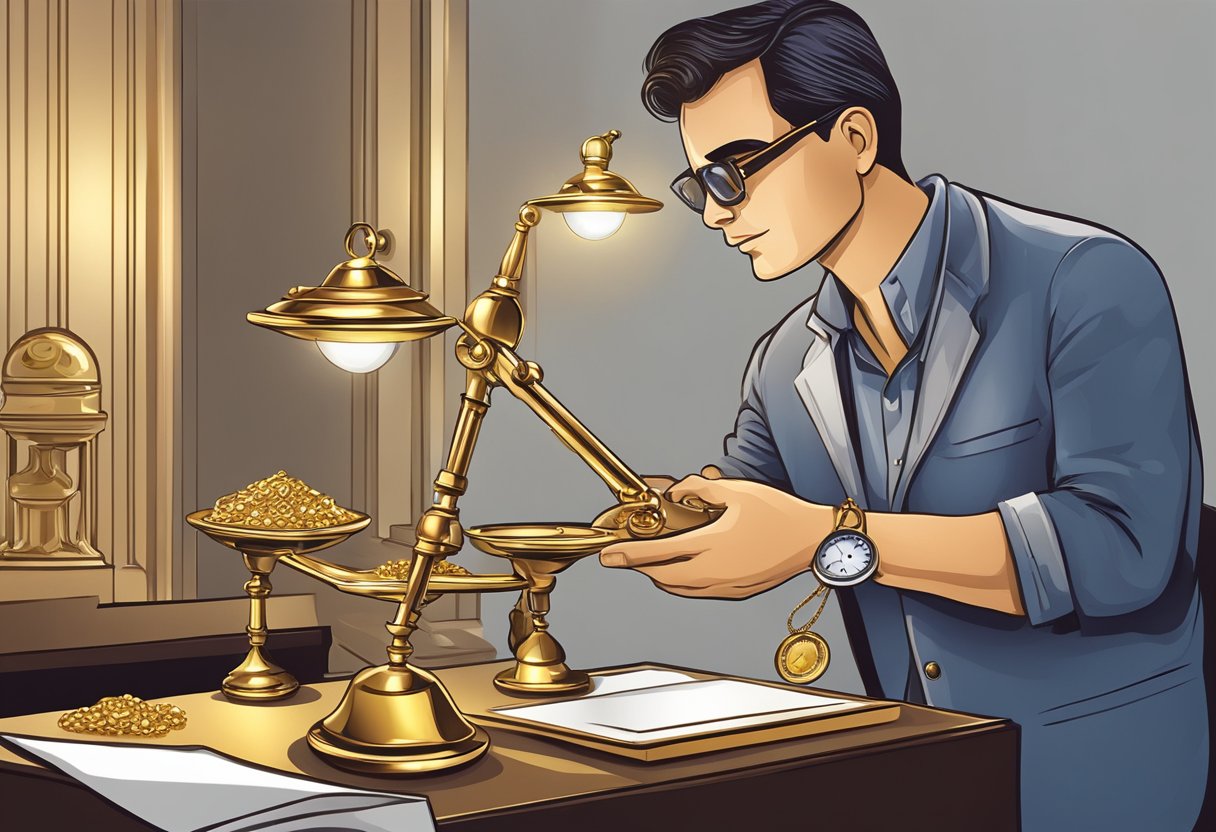 A jeweler weighing and examining a gold necklace with a magnifying glass