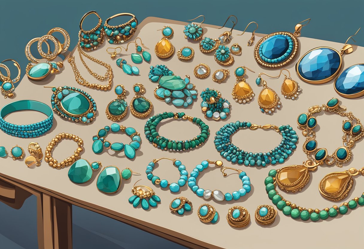 A display of various necklaces and big earrings arranged on a table