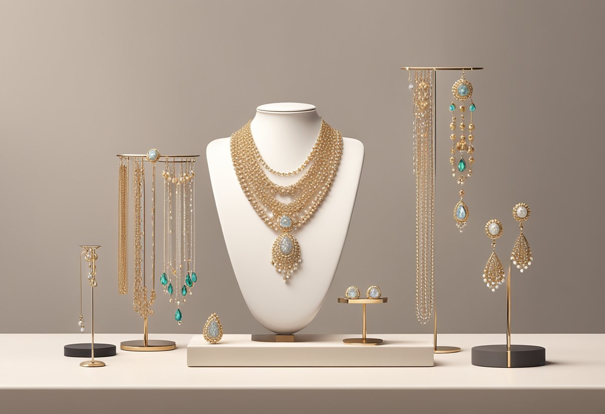 A display of various necklaces and big earrings arranged on a sleek, minimalist jewelry stand, set against a neutral backdrop