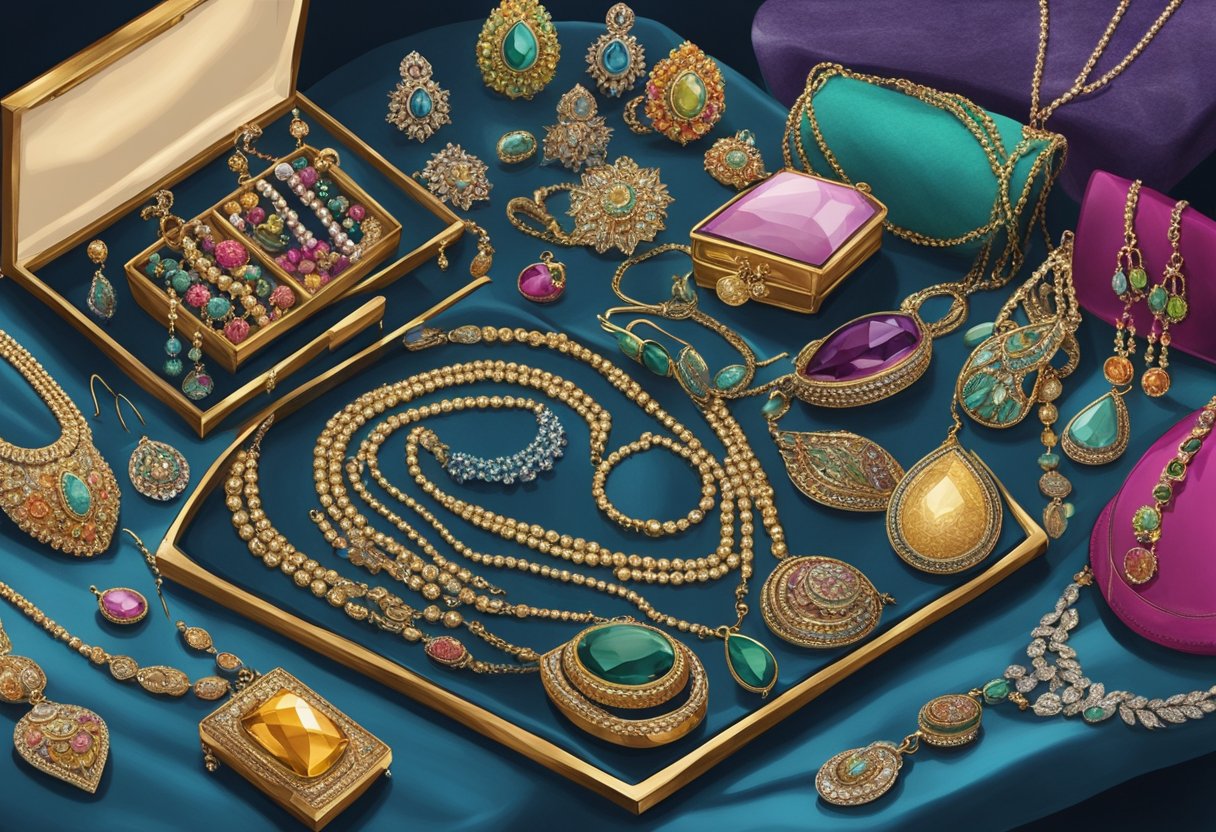 A display of various necklaces and big earrings arranged on a velvet-lined tray