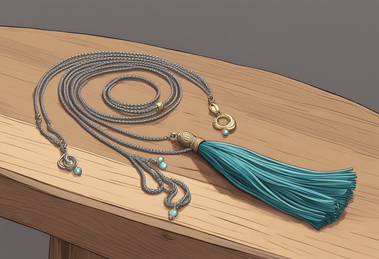 A lariat necklace draped over a wooden jewelry stand, with its long, delicate chain and tassel hanging gracefully