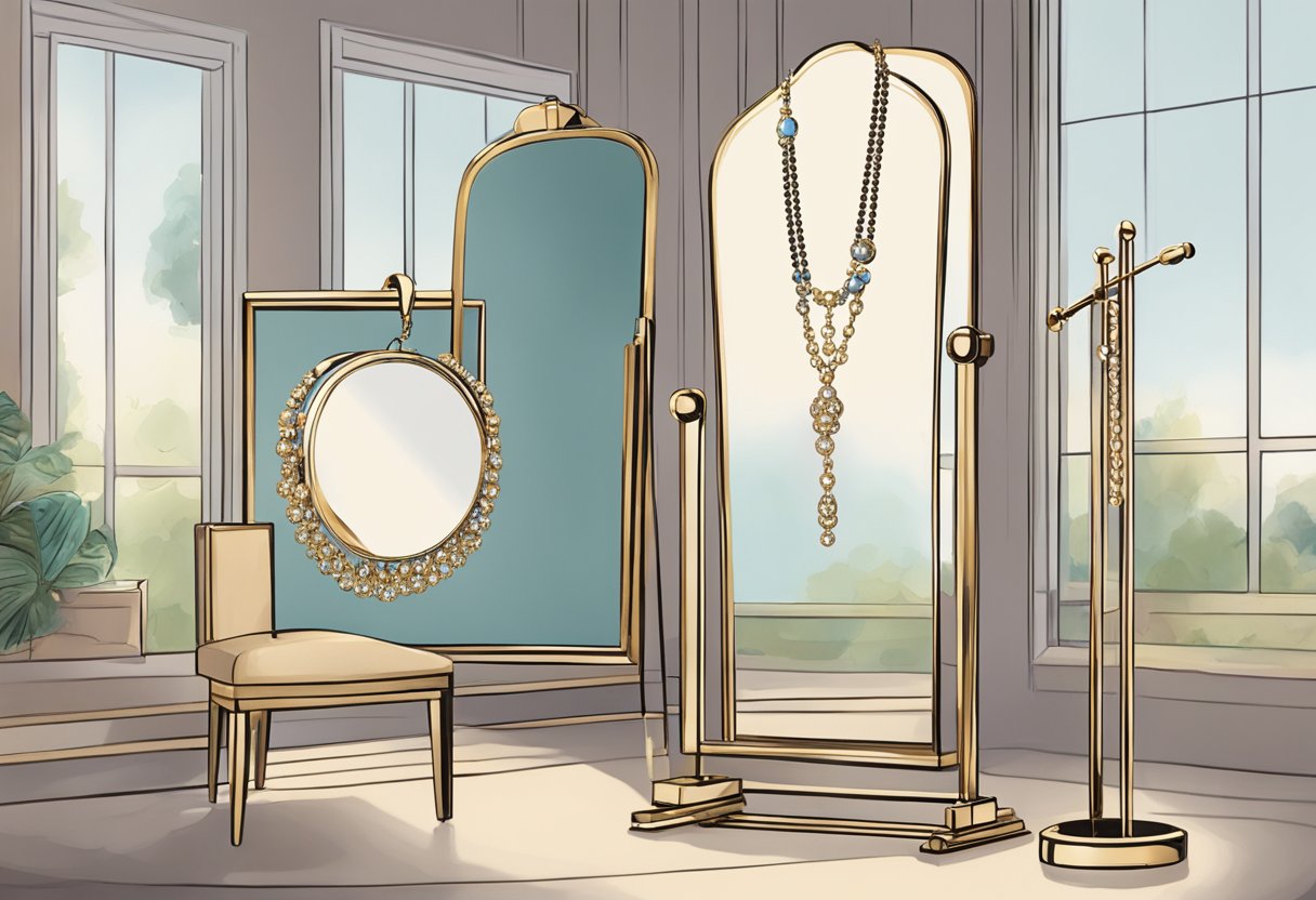 A lariat necklace draped over a jewelry stand, with other accessories nearby. A mirror reflects the elegant display