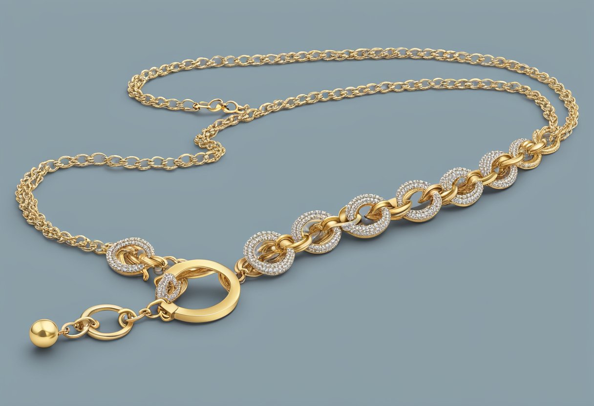 A lariat necklace laid out on a flat surface, with its long, dangling chain and adjustable closure clearly visible