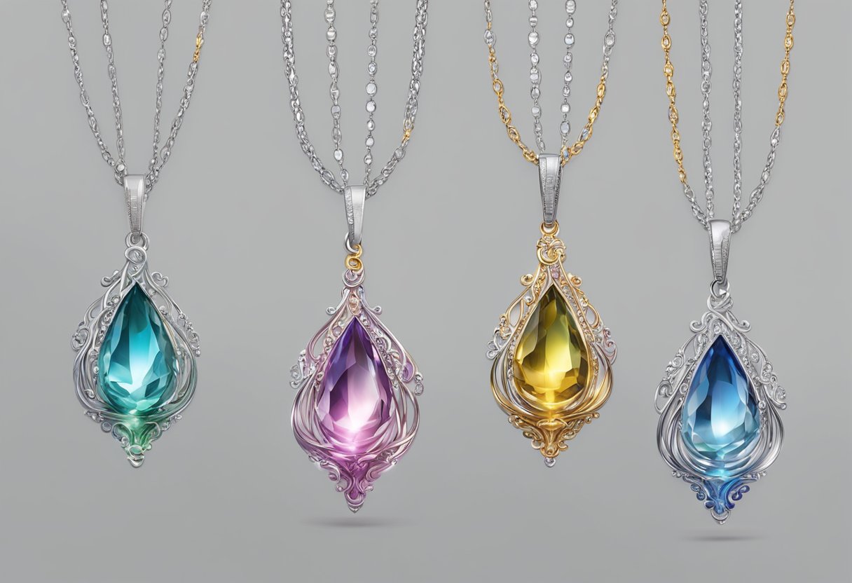 A collection of pendant necklaces suspended from delicate chains, each one unique in design and material, catching the light and casting shimmering reflections