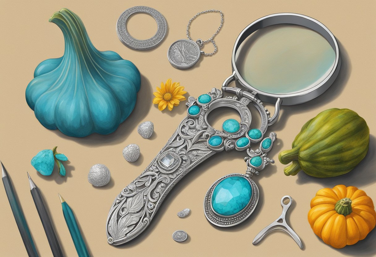 A magnifying glass hovers over a squash blossom necklace, examining the intricacies of the silver and turquoise. A ruler and caliper sit nearby for precise measurements