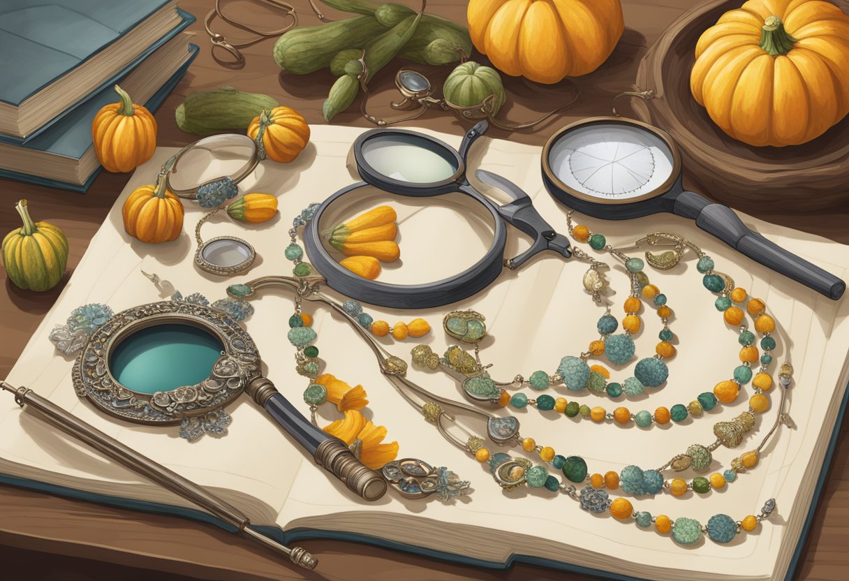 A table with various squash blossom necklaces laid out, alongside magnifying glasses, measuring tools, and reference books