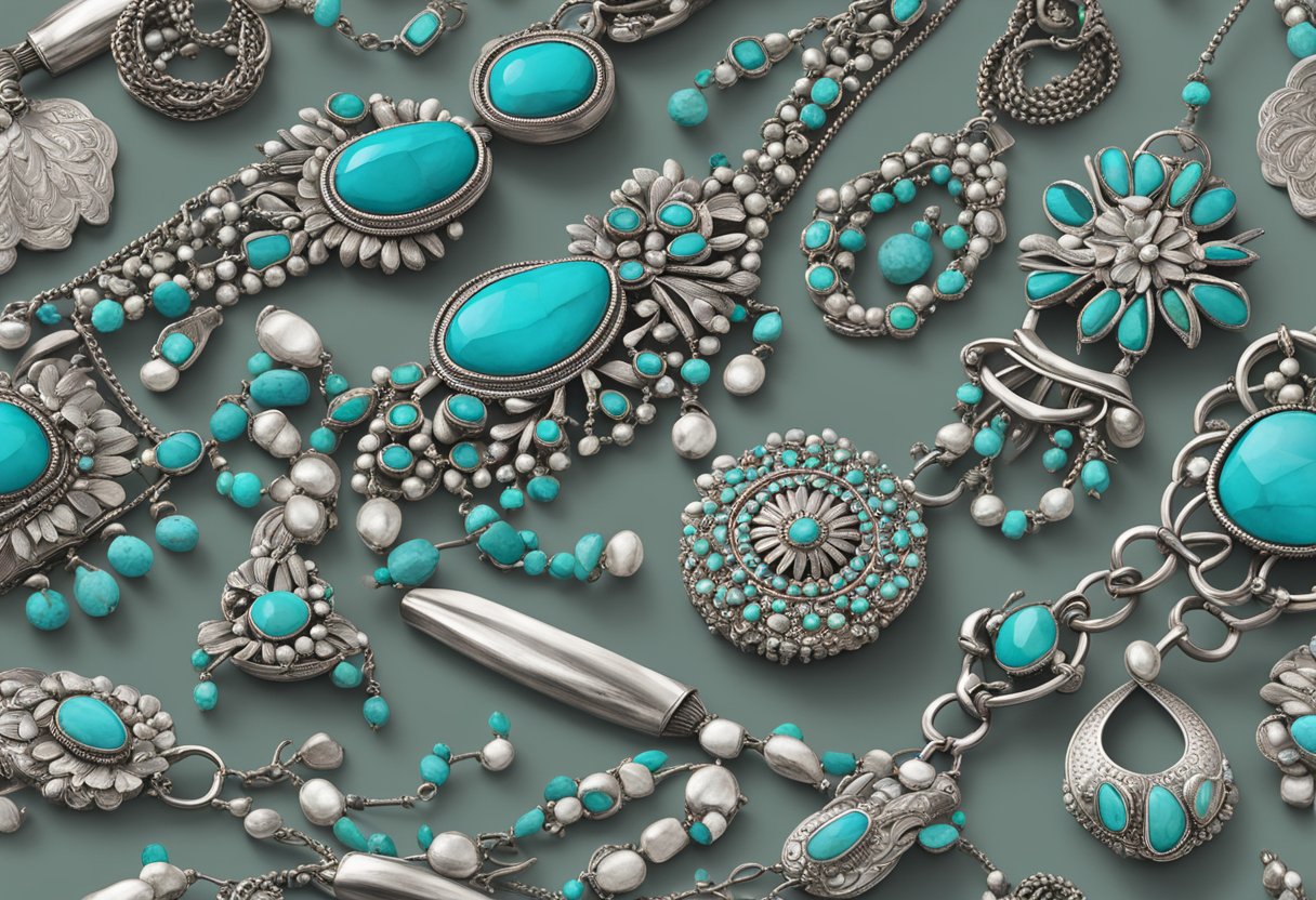 A table scattered with vintage squash blossom necklaces, each showcasing unique silverwork and turquoise stones