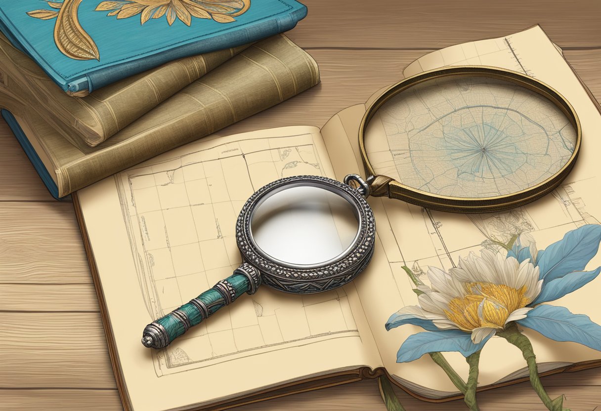 A magnifying glass hovers over a squash blossom necklace, with a ruler nearby for measurement. A book on Native American jewelry sits open in the background