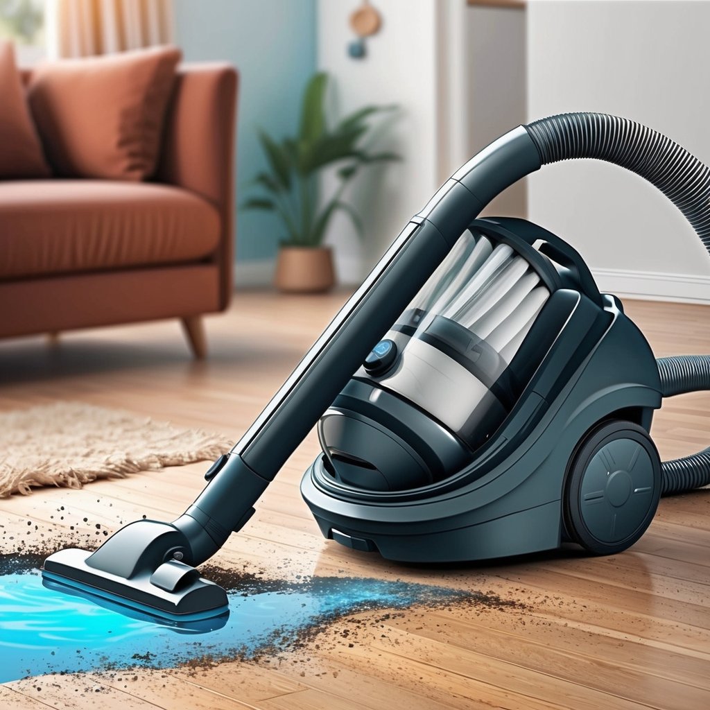 Un aspirateur avec un filtre HEPA dans une pièce en désordre, aspirant de l'eau et de la poussière alors qu'il se déplace sur le sol.