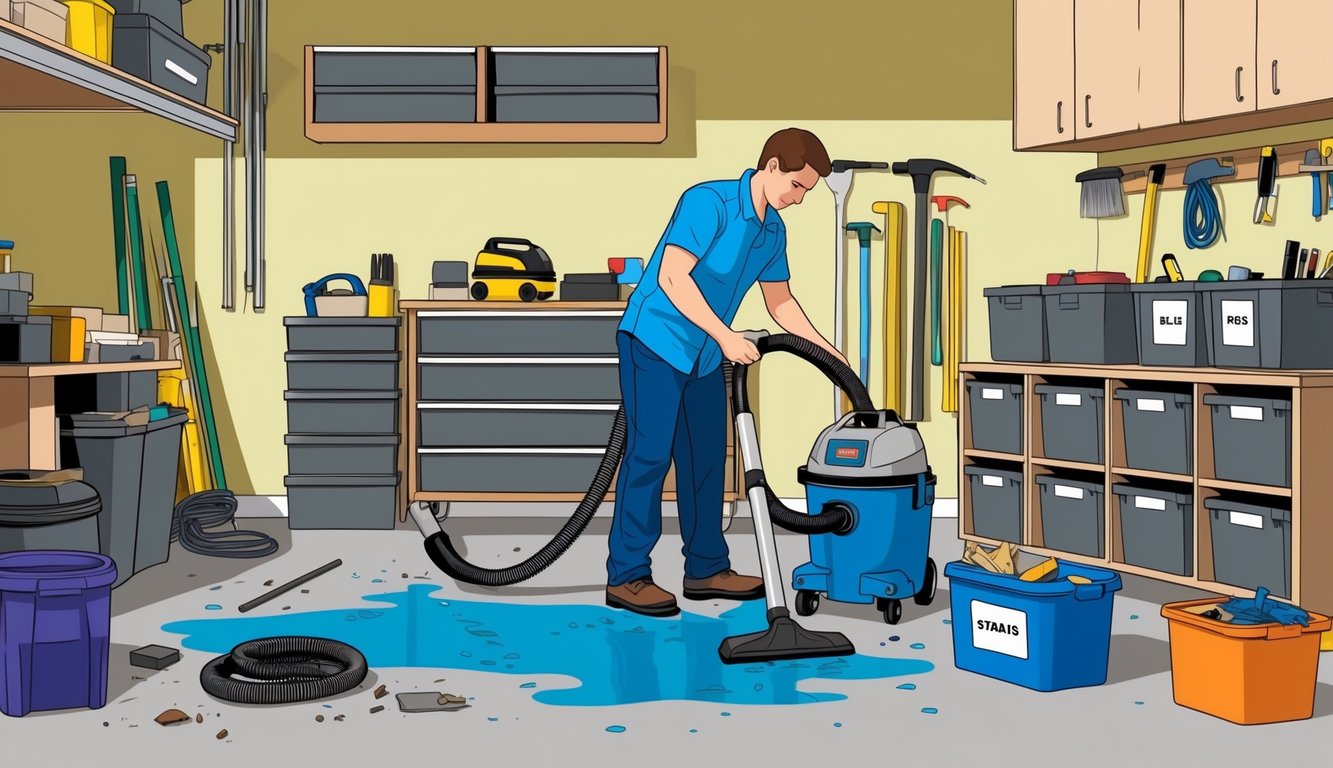 A person using a wet/dry vacuum to clean up spilled water and debris in a cluttered garage, organizing tools and supplies into labeled storage bins