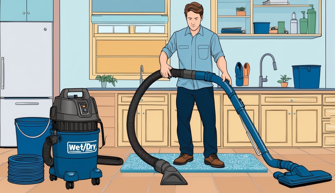 A person demonstrates the features of a reputable wet/dry vacuum in 20 steps in a clean, organized space