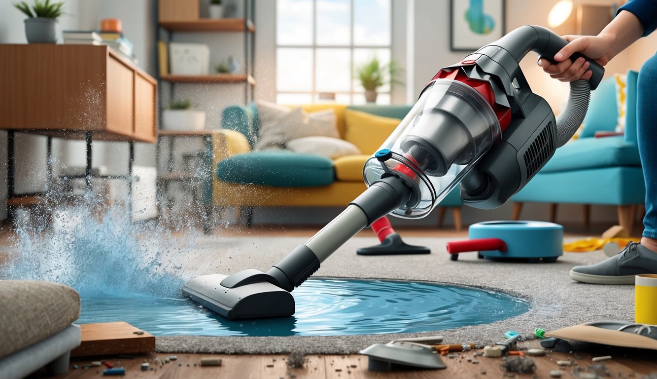 A vacuum in action, sucking up water and dust in a cluttered room with various surfaces and debris