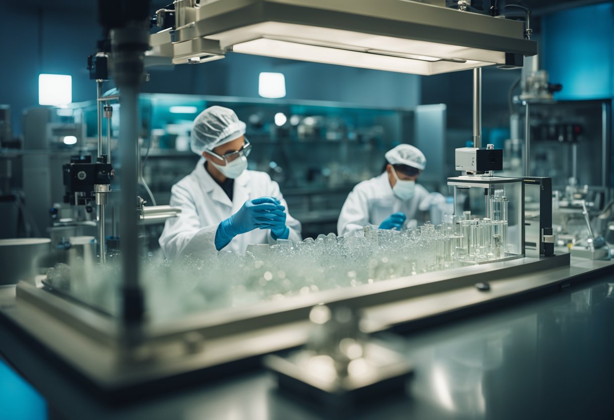 A laboratory setting with scientists observing a diamond growing in a controlled environment, contrasted with a natural diamond mine in the background