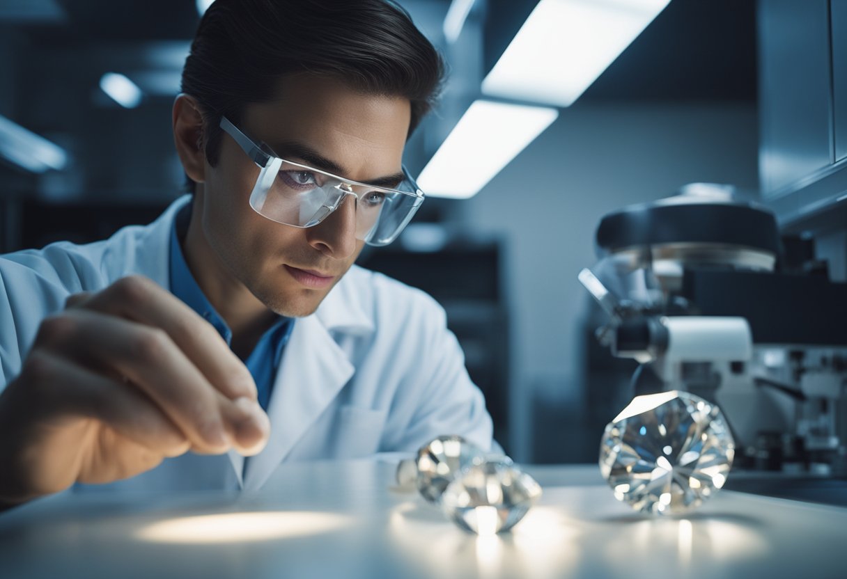 A lab technician carefully examines a lab-grown diamond next to a natural diamond under bright lighting, comparing their physical characteristics