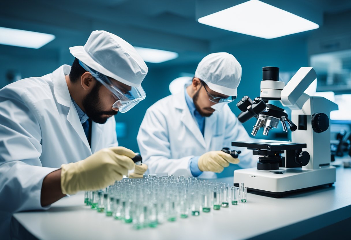 A lab setting with scientists examining lab-grown and natural diamonds under microscopes and conducting experiments