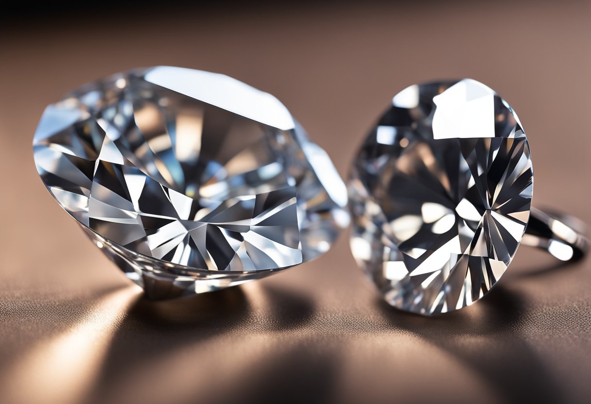 A lab-grown diamond and a moissanite gemstone side by side on a velvet display, under bright lighting