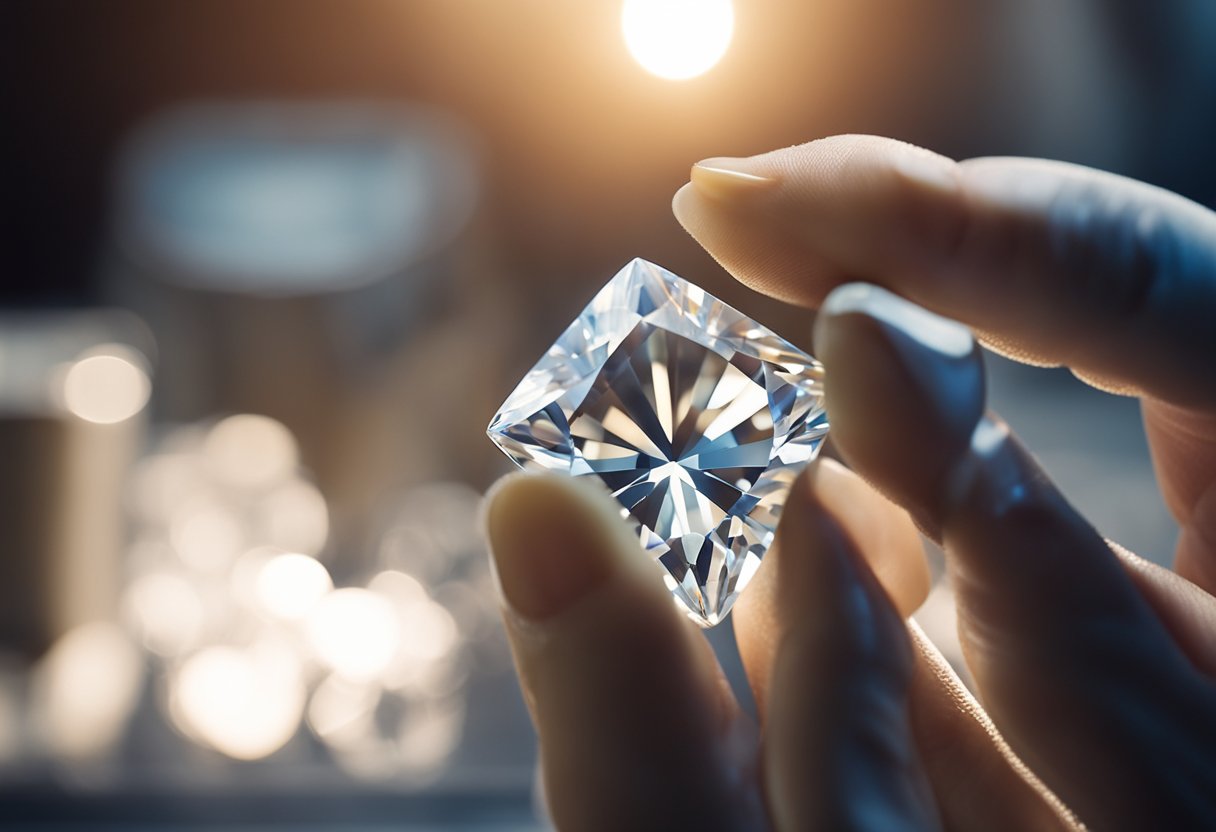 A lab technician carefully examines a lab-grown diamond under a bright light, comparing it to a moissanite stone for clarity and color