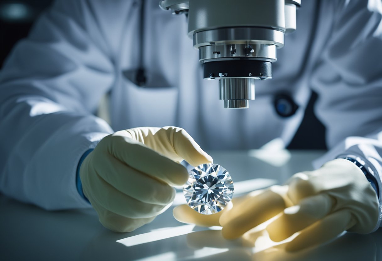 A lab technician carefully compares the physical properties of lab-grown moissanite and natural moissanite under a microscope