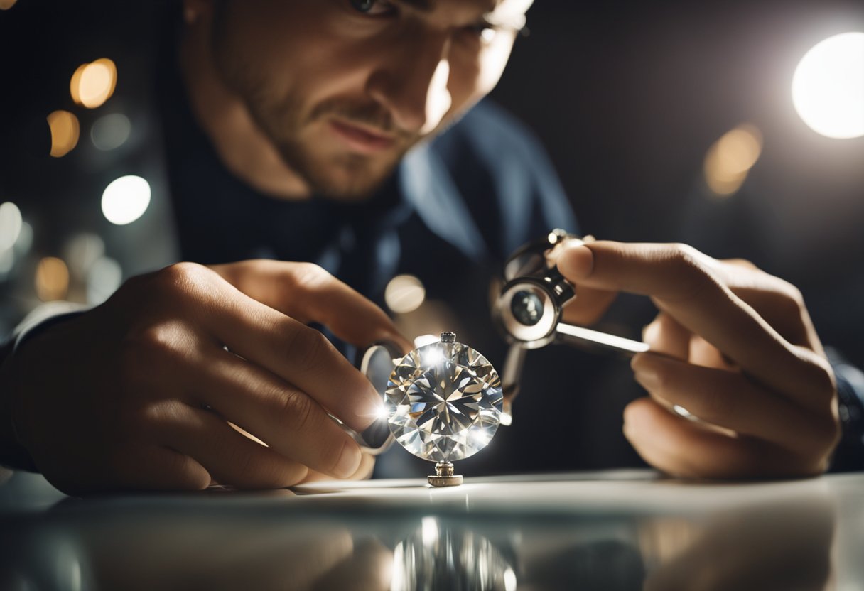 A jeweler using a loupe to examine a diamond under bright light