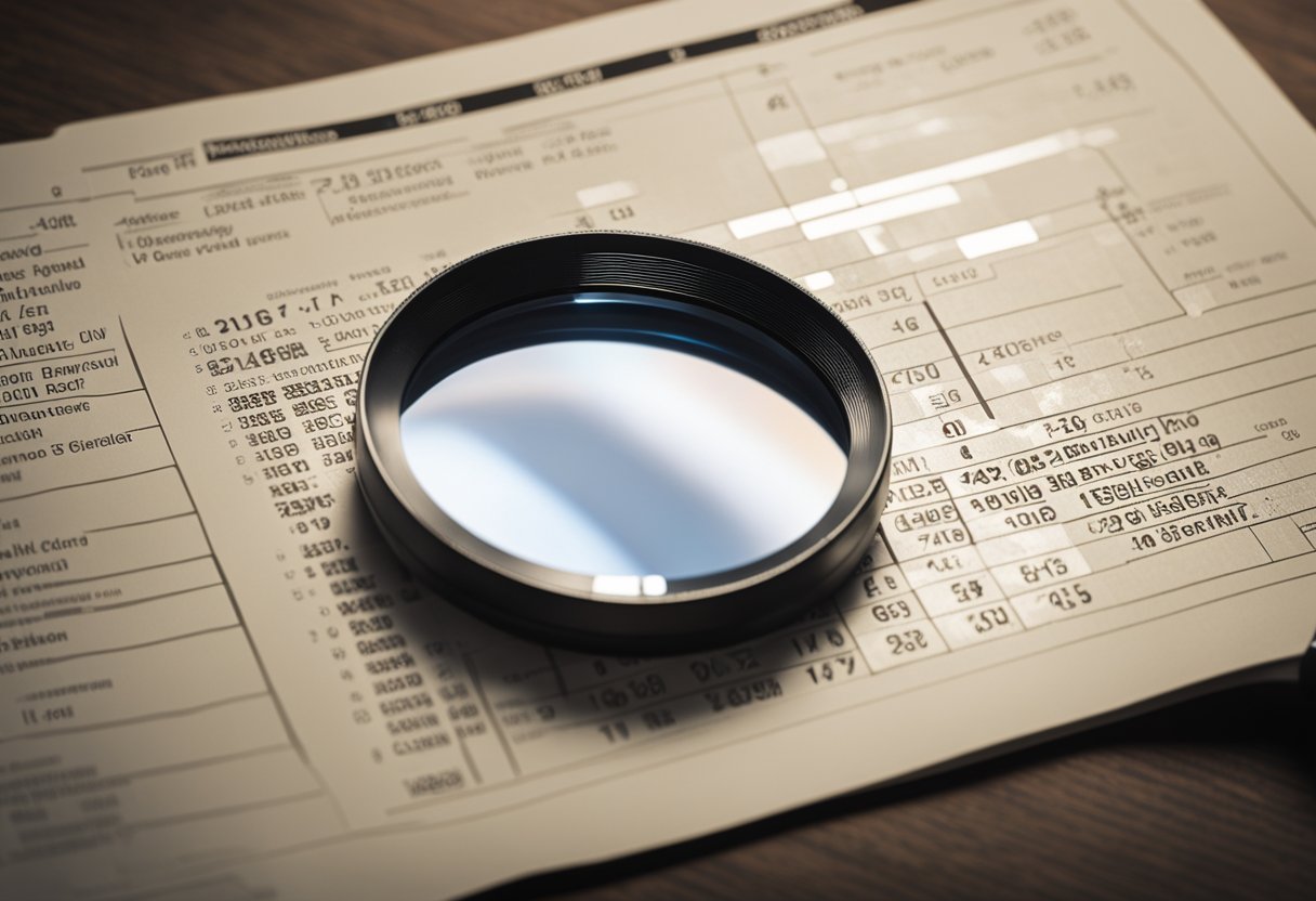 A magnifying loupe hovers over a sparkling diamond, casting a focused beam of light onto its facets. A scale and color chart sit nearby for grading