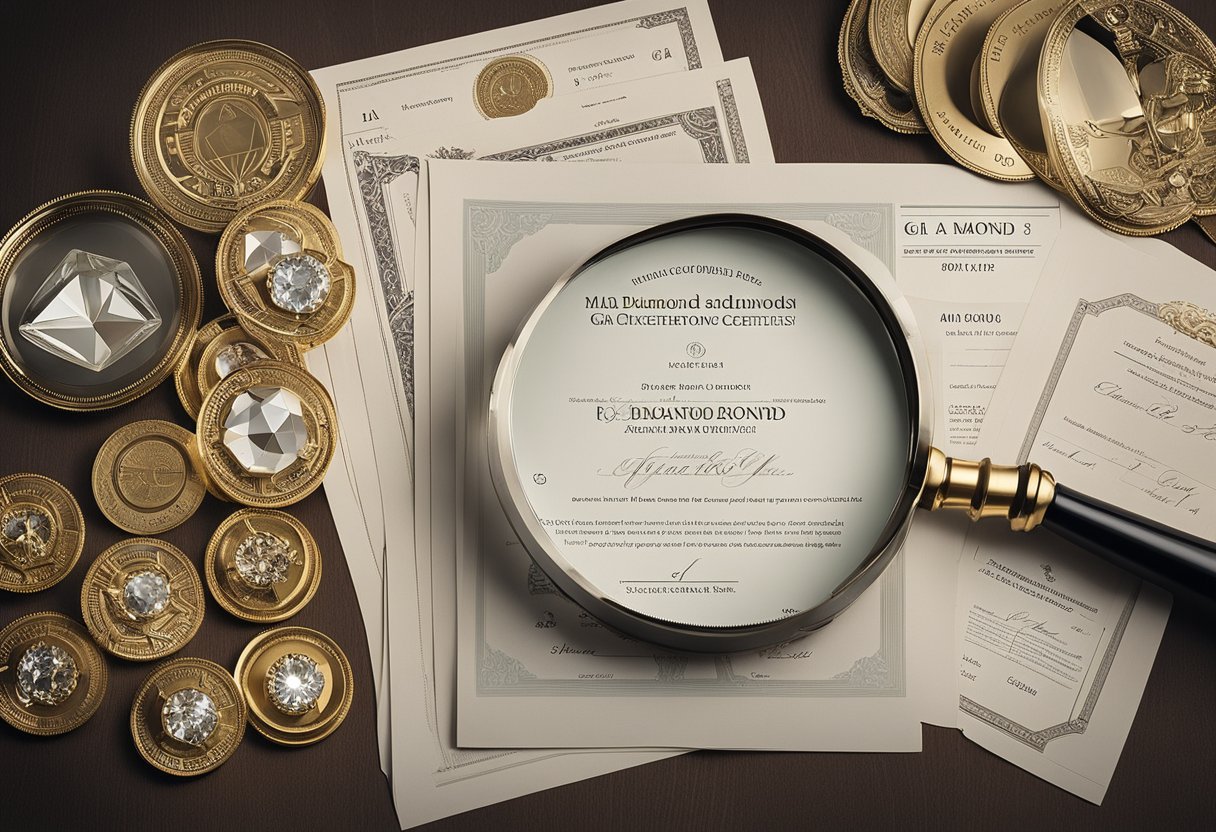 A table with various GIA diamond grading certificates arranged neatly, with a magnifying glass and a diamond on the side