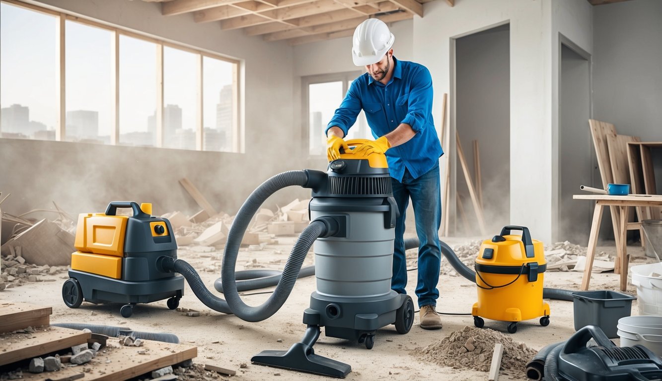 Un chantier encombré avec des débris et de la poussière éparpillés, une variété de surfaces à nettoyer, et une personne choisissant soigneusement un aspirateur sans sac puissant pour un usage intensif.