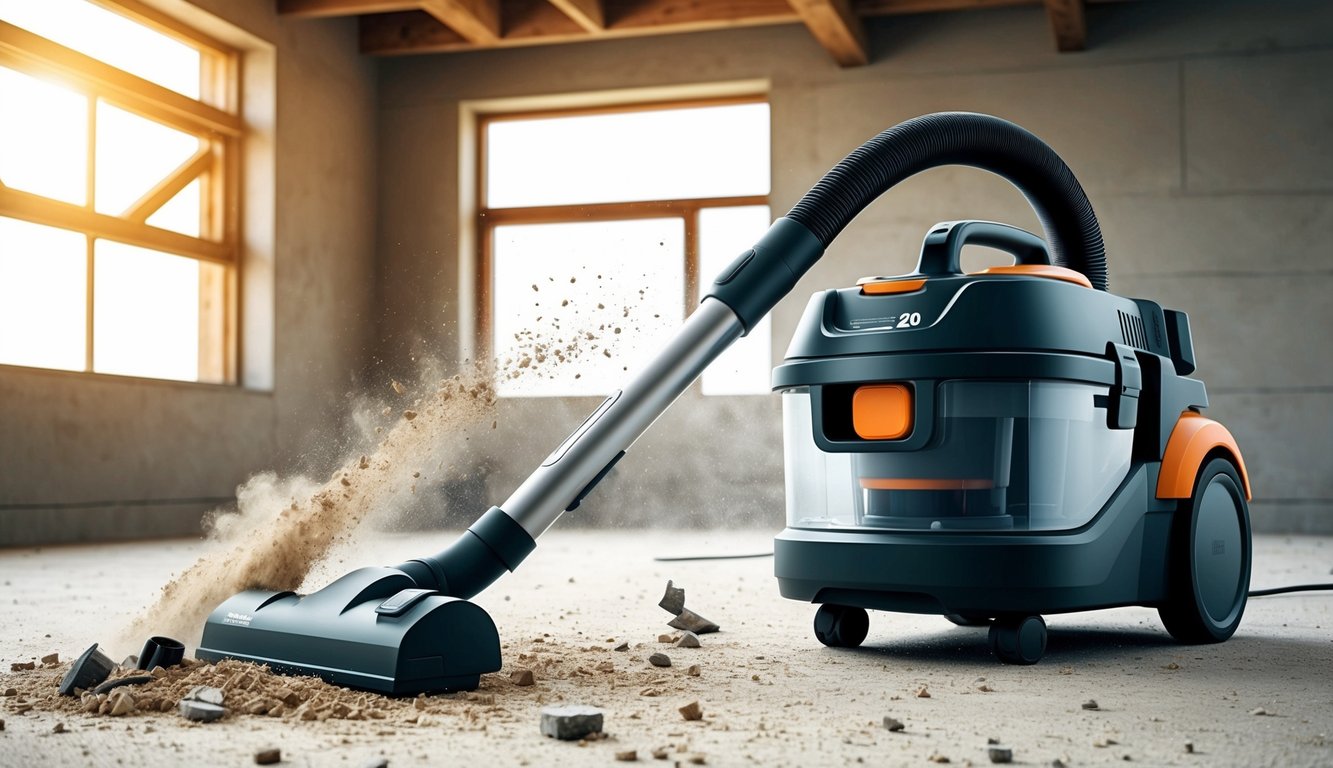 Un aspirateur avec une puissance d'aspiration de 20 est testé dans un environnement de chantier, avec divers débris et poussière aspirés dans la machine.