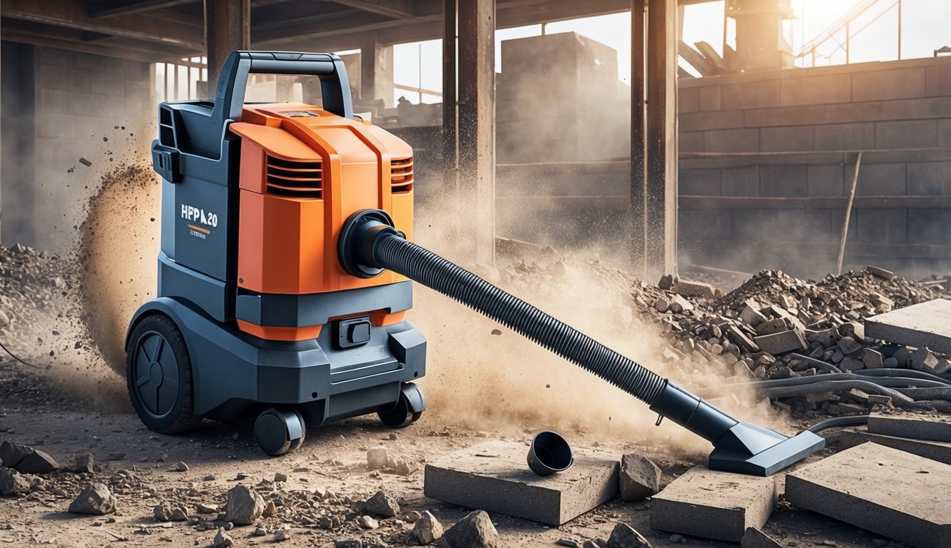 Un chantier de construction industriel et robuste avec des débris et de la poussière, et un puissant aspirateur avec filtre HEPA 20 en action